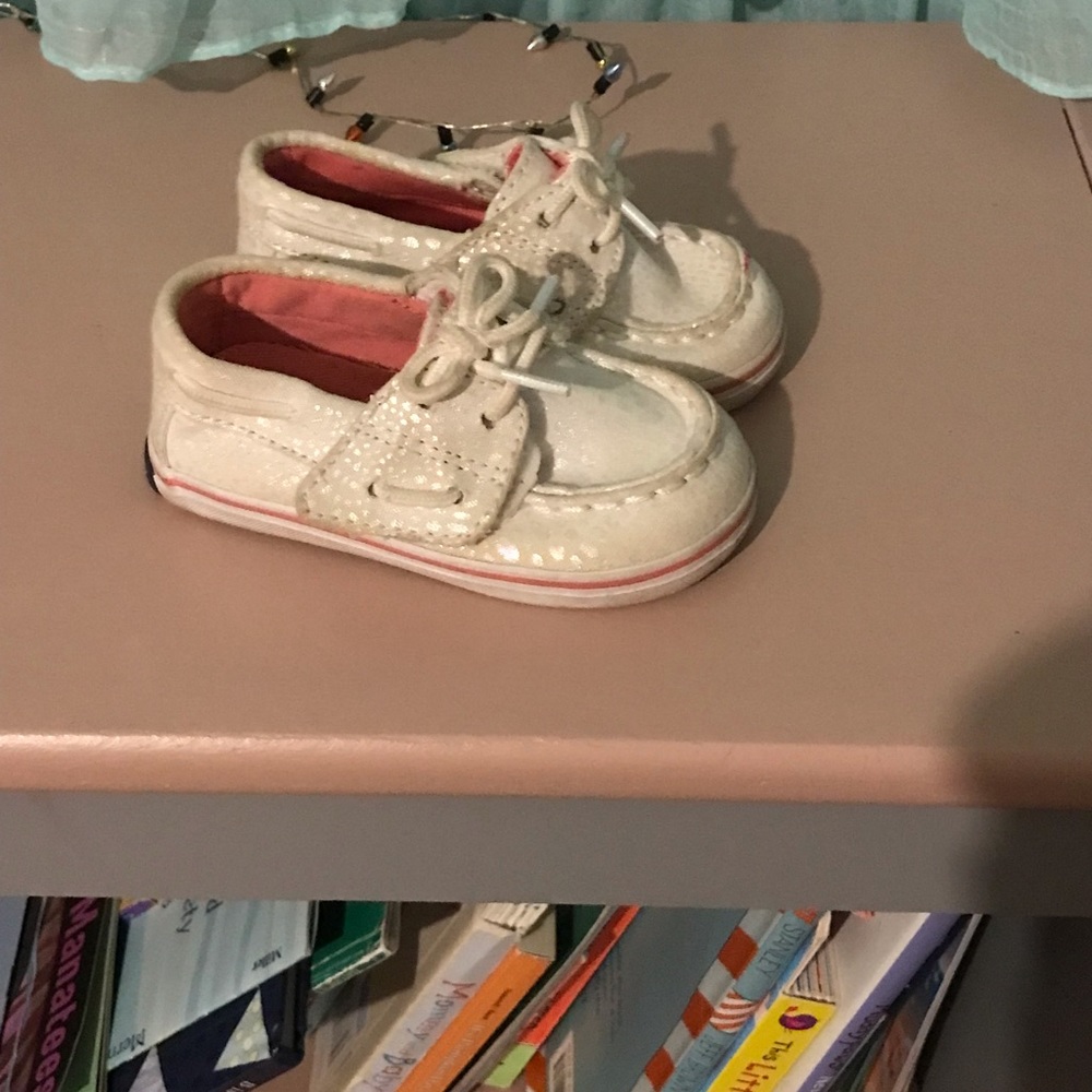 White and pink sparkly Sperrys size 4